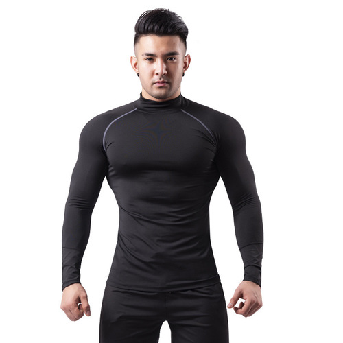High collar fitness clothing for men in autumn and winter plus velvet warm PRO tights basketball training running base sportswear