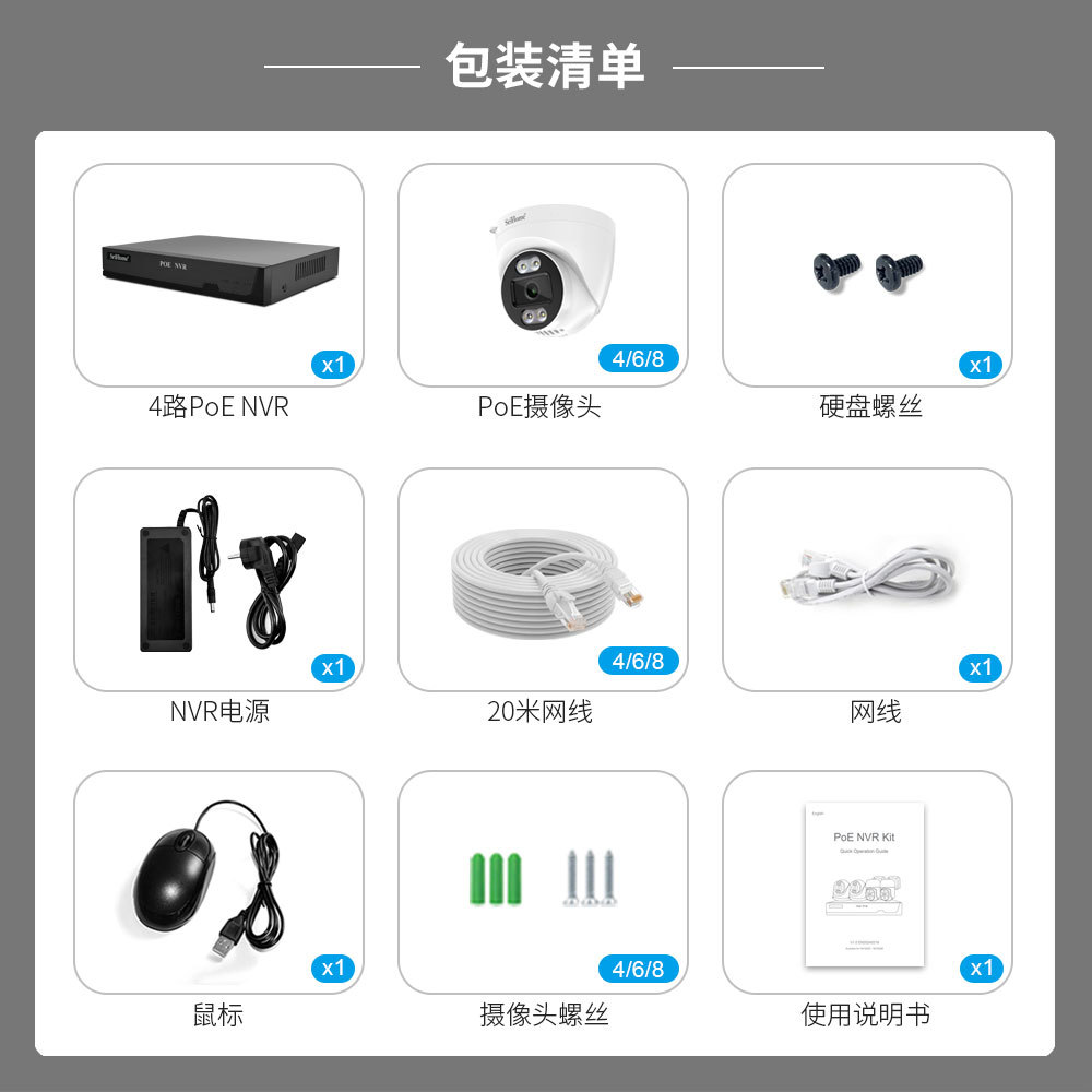300万高清户外摄像头4路监控套装监控POE硬盘录像机NVR