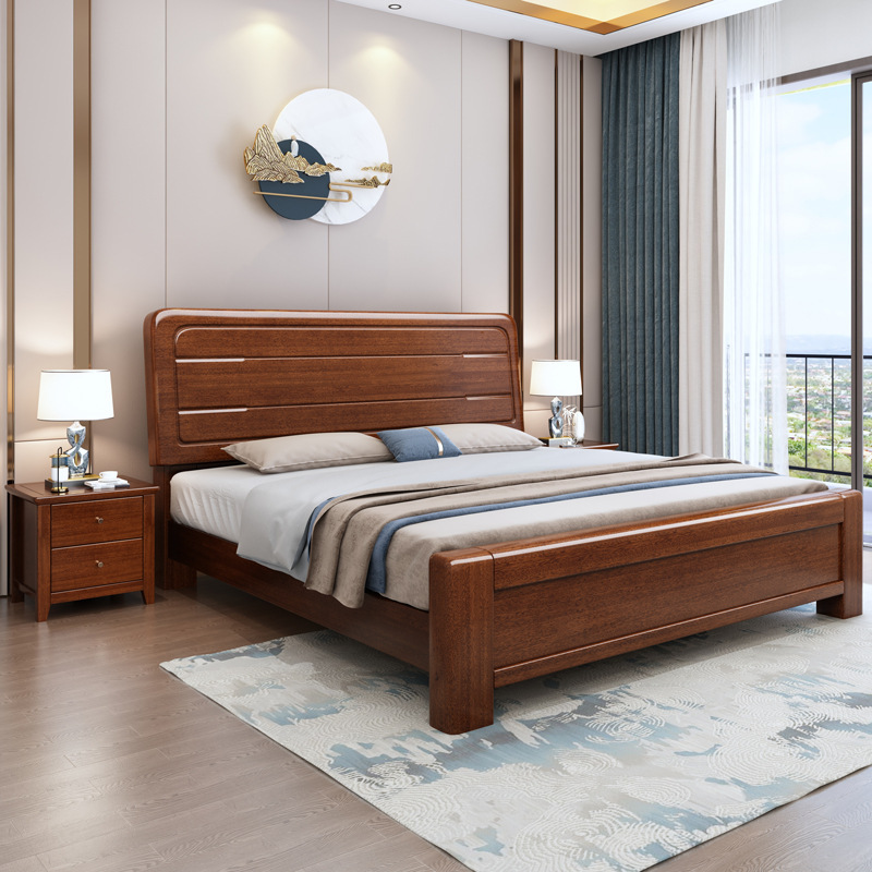 New Chinese Style Solid Wood Bed 1.8m Economy Double Bed, Small House Simple 1.5m Storage High Box Bed Wedding Bed