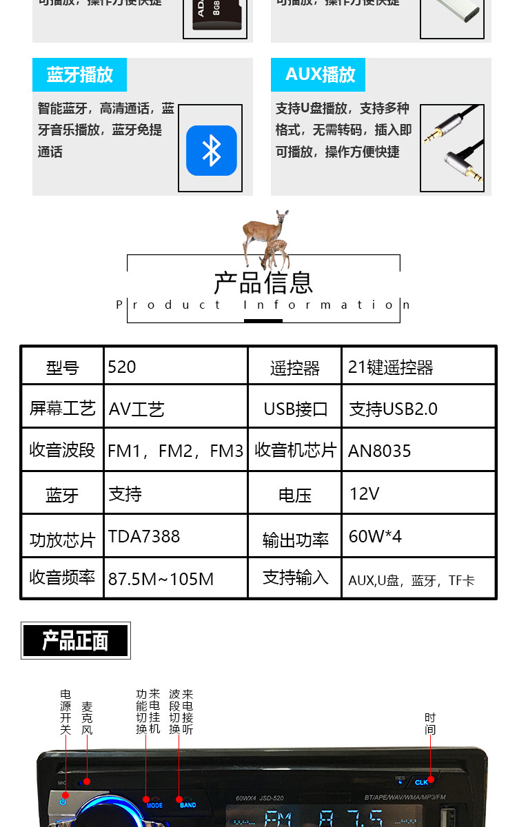 520 Models of Multifunctional Universal Bluetooth Hands-Free Card-Inserting Integrated Radio Car Radio Audio System
