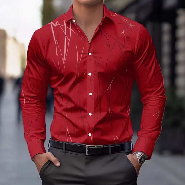 Cross-Border Men's Shirts with Line Print, Slim Fit Long-Sleeve Shirts, Business Commute Versatile Men's 3D Digital Print Cross-Border Men's Shirts with Line Print, Slim Fit Long-Sleeve Shirts, Business Commute Versatile Men's 3D Digital Print