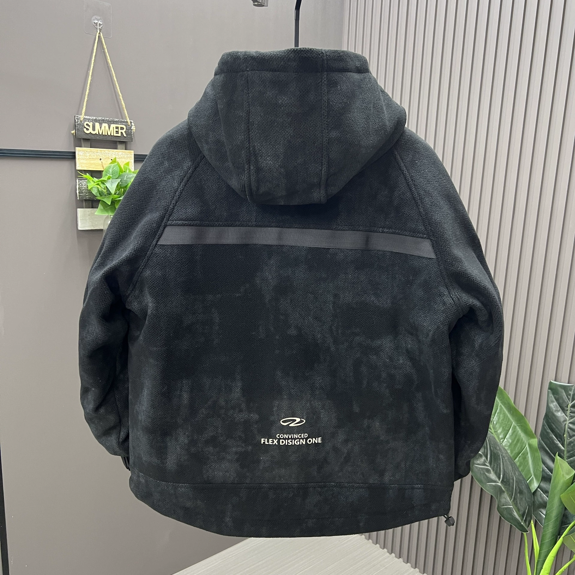 Demi-season warm down jacket with hood, oversize