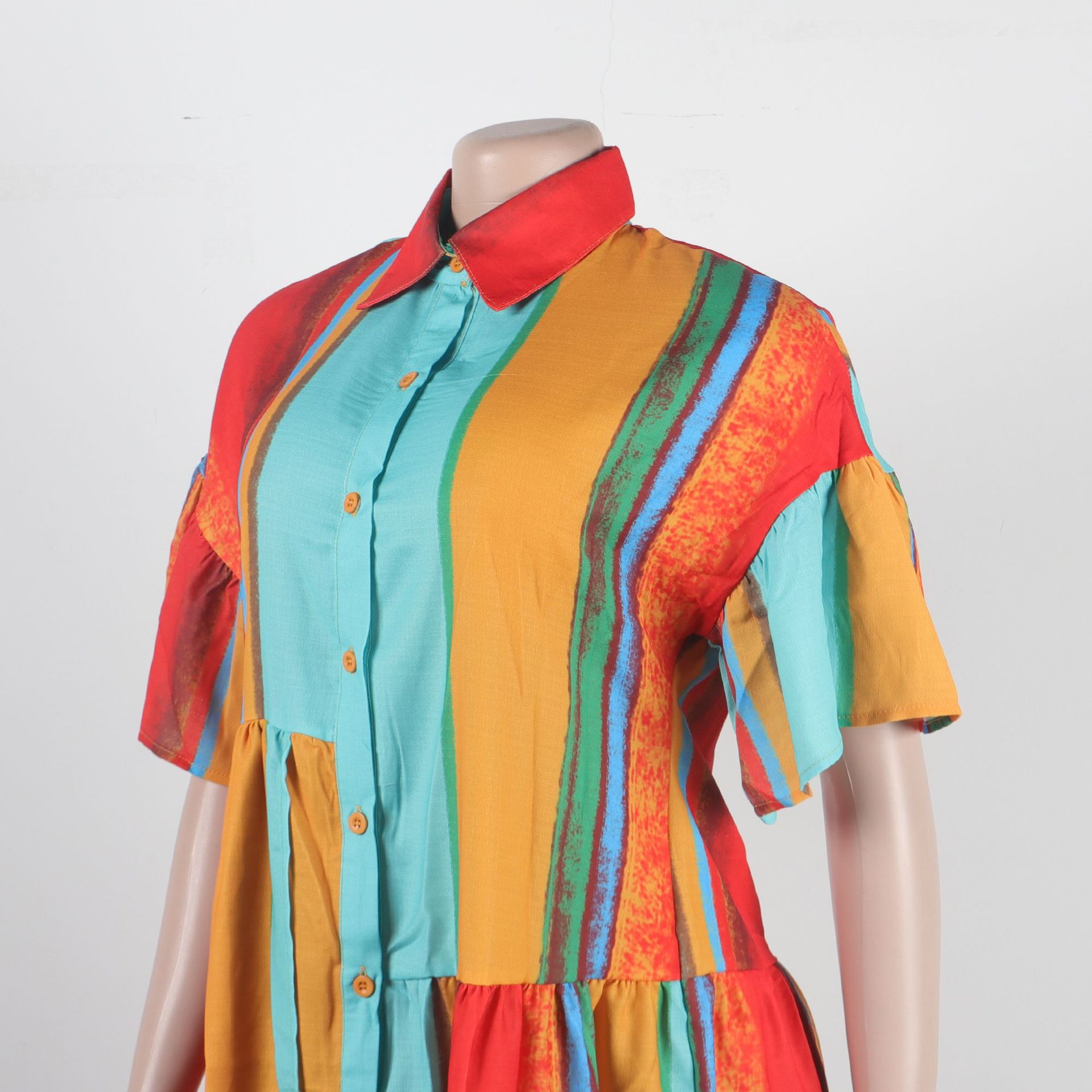 Slim Fit Printed Color Contrast Patchwork Short Dress Colorful Coat Short Sleeve Shirt Dress