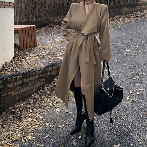 Women's 2025 Spring Casual Loose Fit Slimming High-Grade Black Long Sleeve Trench Coat with Large Collar Open Top