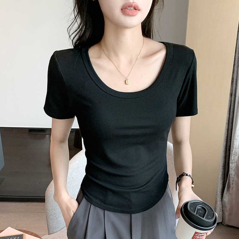 H227 ホワイト半袖 Tシャツレディース春夏新作薄手インナー U ネックボトムシャツアウターライブショートトップ|undefined