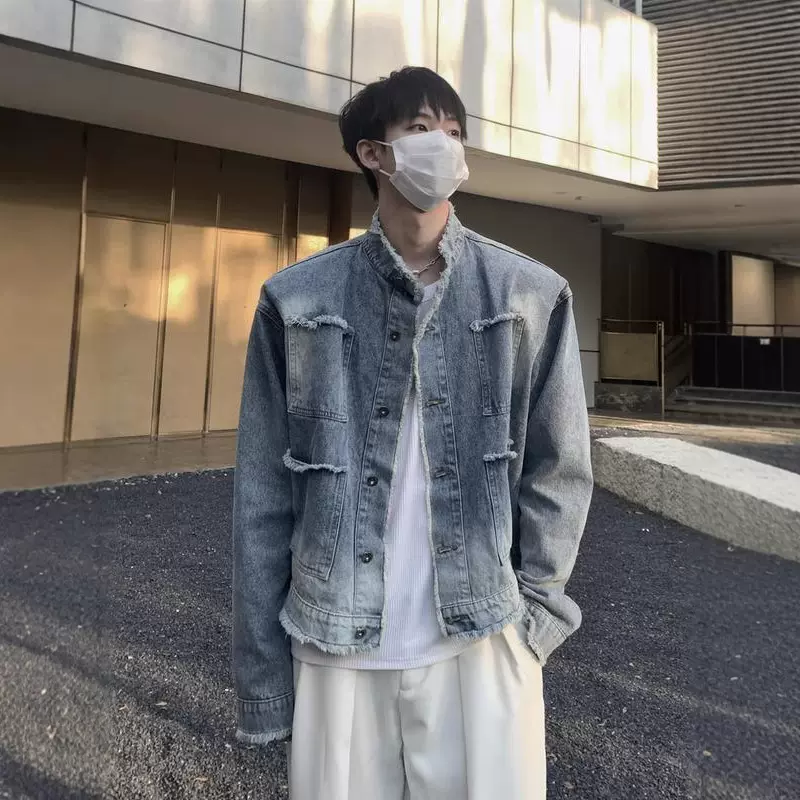 设计感复古水洗渐变毛边牛仔外套男秋季新款高街休闲宽松百搭夹克