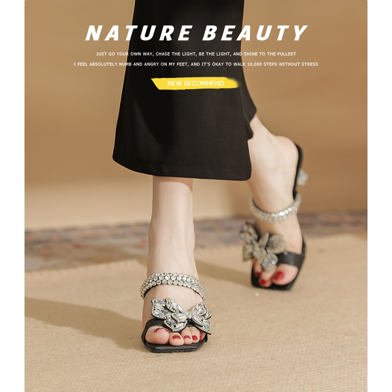 7318 Women's High-Heeled Slippers Thin Heels, 2026 New Model Crystal Heel Sandals With Rhinestone Strap And Bow_vogvips.com
