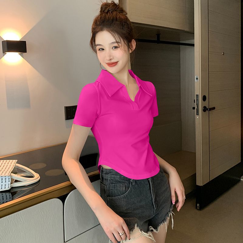 白色polo领短袖T恤女夏季2025新款露脐弧形下摆修身纯欲风上衣潮|undefined