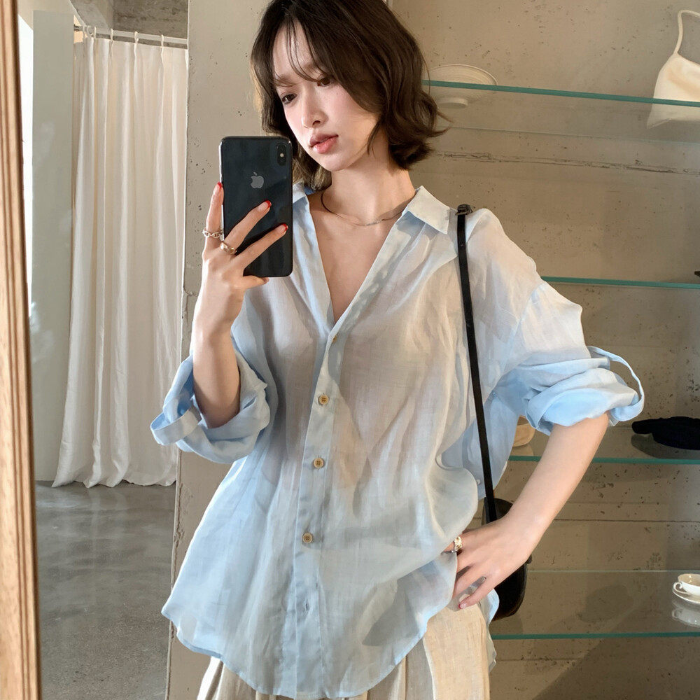Áo sơ mi nữ linen tay dài cổ bẻ dáng rộng phong cách Hàn Quốc — xanh đậm, màu sắc, trắng ngà, xanh Hàn