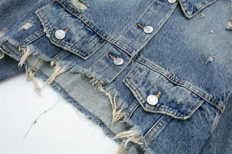 Retro Denim Jacket For Women Long Sleeved Collared Distressed Top_voghion.com