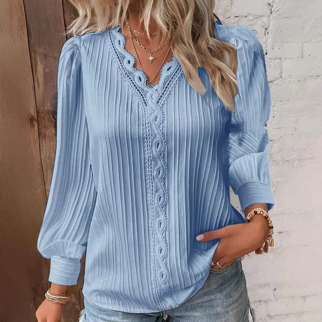 2025独立站wish亚马逊 秋季长袖V领花边拼接衬衣女衬衫女装