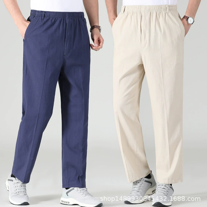 Летние мужские повседневные брюки из хлопка и льна, эластичные хлопковые брюки больших размеров, свободные прямые брюки с высокой талией и глубоким шаговым швом
