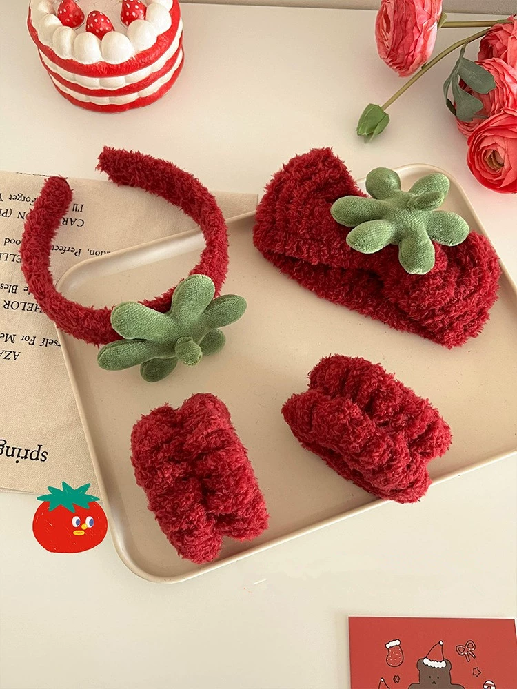 Headband and Face-Wash Accessory Set, Tomato Plush Design, Headband + Wristbands (2–3 pcs)