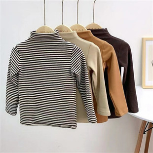 Autumn and winter men's and women's children's clothing bottoming shirt baby foreign-style children's stylish Korean striped high-collar velvet T-shirt top