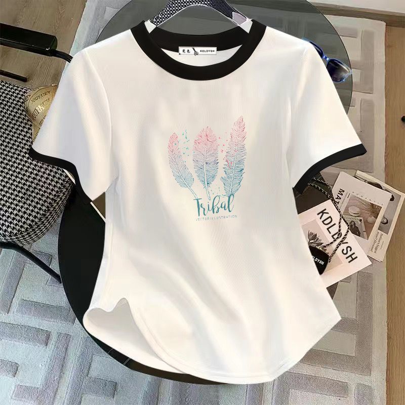夏の新しいスタイルの曲線美で痩身効果のある女性用半袖Tシャツ、太ったmmの大きいサイズ、ウエスタンスタイルの半袖Tシャツ|undefined
