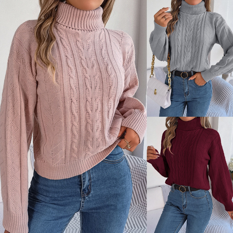 Amazon Cross-border Foreign Trade 2025 Autumn and Winter New Casual High Neck Twist Long Sleeve Knitted Pullover Warm Sweater for Women Amazon Cross-border Foreign Trade 2025 Autumn and Winter New Casual High Neck Twist Long Sleeve Knitted Pullover Warm Sweater for Women