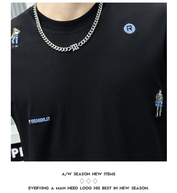 Summer Embroidered Short-sleeved Men's T-shirt American Trendy Brand 2024 New Slim-fit Crew Neck Youth Fashion Short-sleeved Bottoming Shirt_viptrois.com