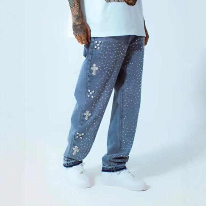 2025 Europa y América comercio exterior transfronterizo diseño de alta calle estilo casual relajado rectas pantalones jeans de diamante para hombre