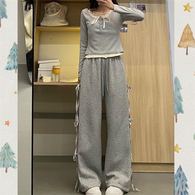 Thin Gray Bow-Tie Casual Sports Pants for Women, Spring and Summer, Petite Loose Straight-Leg Wide-Leg Pants, High-Waisted