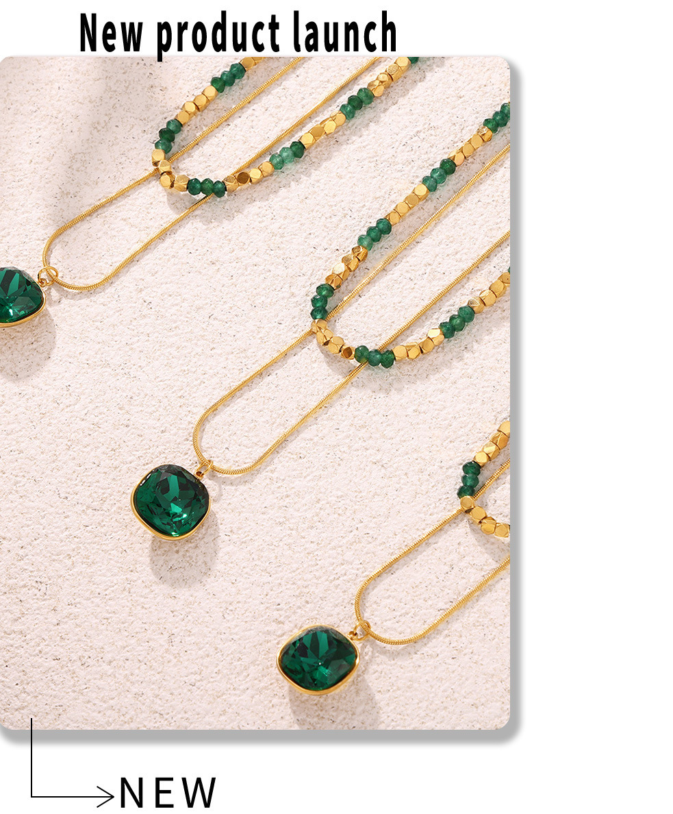 Natural Stone Crystal Pendant Necklace Double Layer Stainless Steel_voghion.com