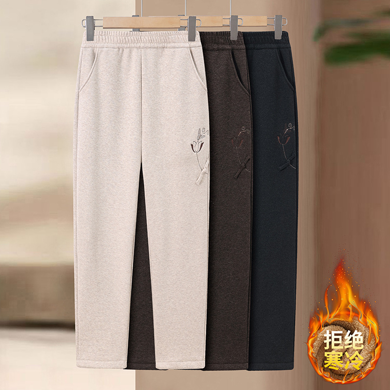 2025 Autumn and Winter Middle-Aged and Elderly Mothers' Embroidered Velvet Thickeneded Pants Casual Elastic Waist Loose Straight Pants Women's Clothing