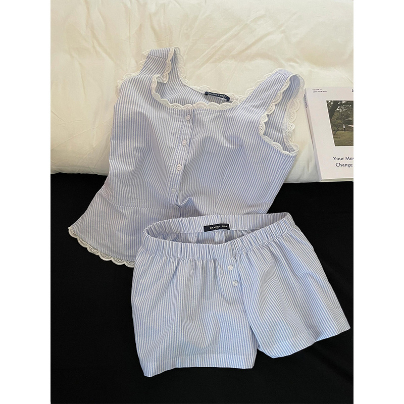 Korean Style Blue Striped Pure Desire Lace Pajamas Women's Summer Camisole Shorts Comfortable Home Clothes suit