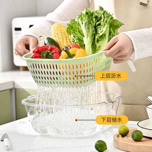Double-layer vegetable washing basin drain basket six-piece set for kitchen and living room, home use fruit plate washing, simple plastic vegetable washing basket