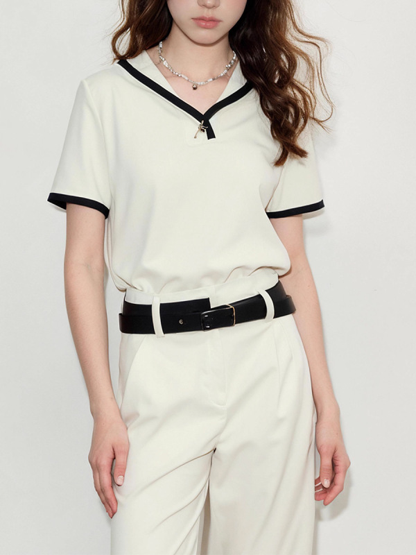 フランスのデザイン感と帽子のtシャツの婦人服2025夏の新型の衝突色は半袖の上着をつなぎ合わせます。|undefined