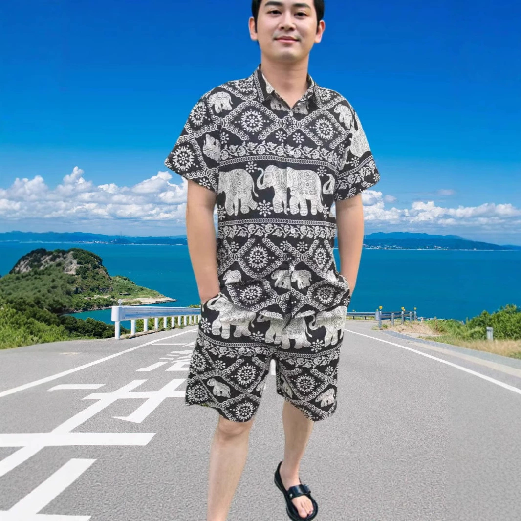 Летний комплект пляжной одежды для пар: тонкие топы с коротким рукавом для мужчин и женщин, рубашки с принтом, шелковистая текстура, домашняя одежда из ледяного шелка, комплект из двух предметов.