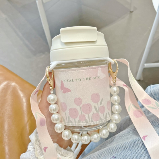 WBZ7新款鬱金香水杯珍珠手提鏈條帶吸管女生玻璃杯泡花茶便攜杯子