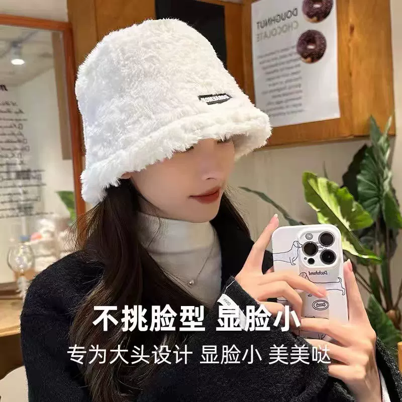 定制羊羔毛渔夫秋冬季帽子日系百搭显脸小冬季加厚保暖毛绒盆帽潮