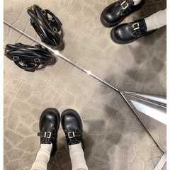 现货~苏茵茵同款小金扣德比~娃娃大头厚底粗跟懒人乐福鞋女小皮鞋