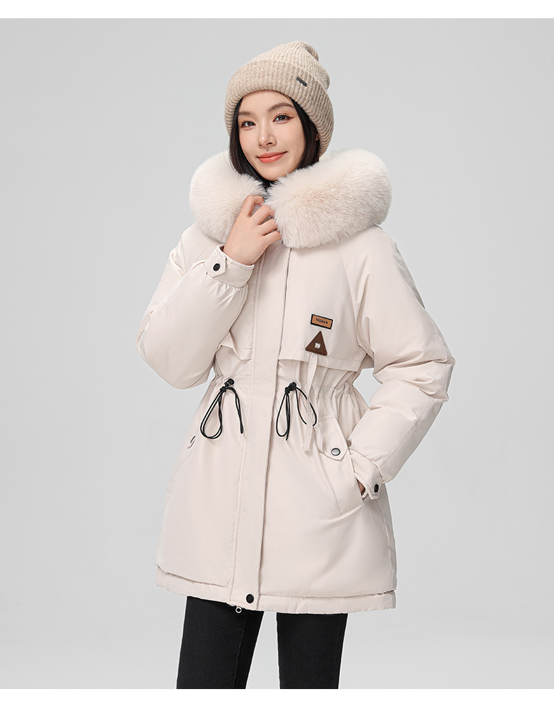 2024 foreign trade overcomes women's winter new Korean version waist cinching slimming hooded big fur collar cotton_voghion.com