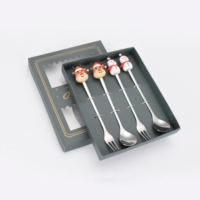 Cucharas de acero inoxidable transfronterizas muñecas de Papá Noel cubiertos cajas de regalo caseras de café mezclador cucharas de postre horquilla de frutas