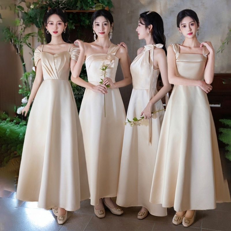 Champagne-Colored Bridesmaid Dresses 2026 Summer New Satin High-End Bridesmaid Group Sister Dresses Host Adult Ceremony Dresses