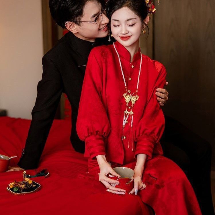 红色新中式敬酒服旗袍2025国风新款新娘订婚礼服回门长袖套装|undefined