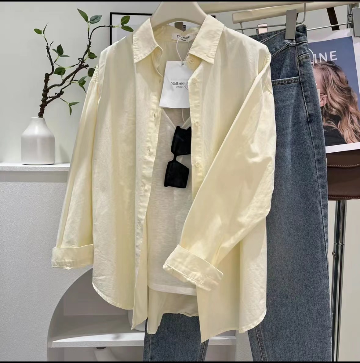 2024ins solid color shirt fashionable casual elegant western style design versatile simple style retro loose shirt