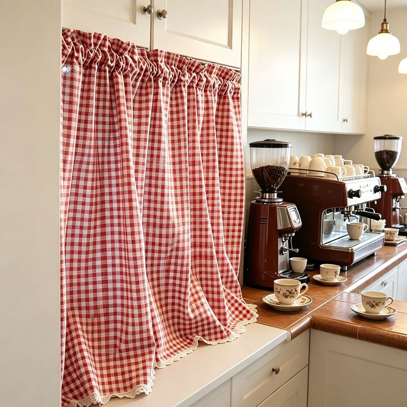 American Country-Style Plaid Cotton and Linen Half-Curtain Kitchen Short Curtain with Lace Trim, Vintage Decorative Curtain for Window Display American Country-Style Plaid Cotton and Linen Half-Curtain Kitchen Short Curtain with Lace Trim, Vintage Decorative Curtain for Window Display