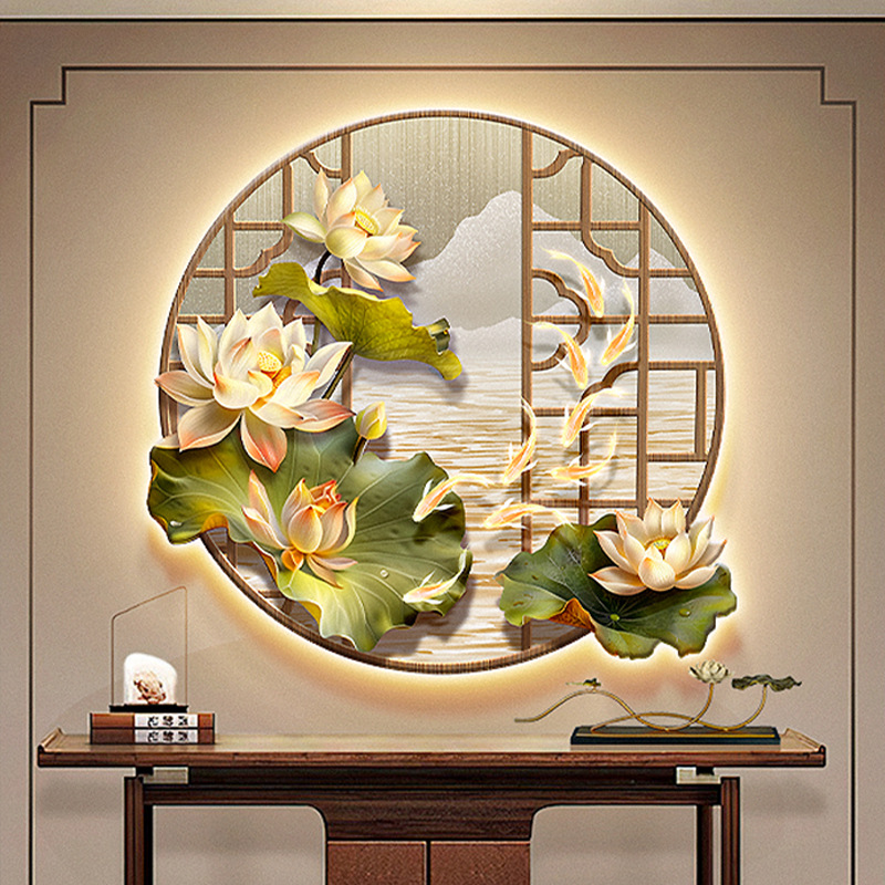 荷花玄关装饰画圆新中式九鱼图茶室背景墙挂画如鱼得水走廊壁画灯