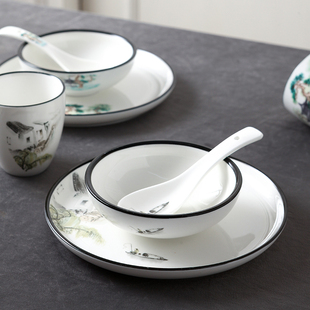 Ceramic Hotel Tableware Set Four-Piece Hotel Tableware New Chinese Style Customized Logo Printing Private Room