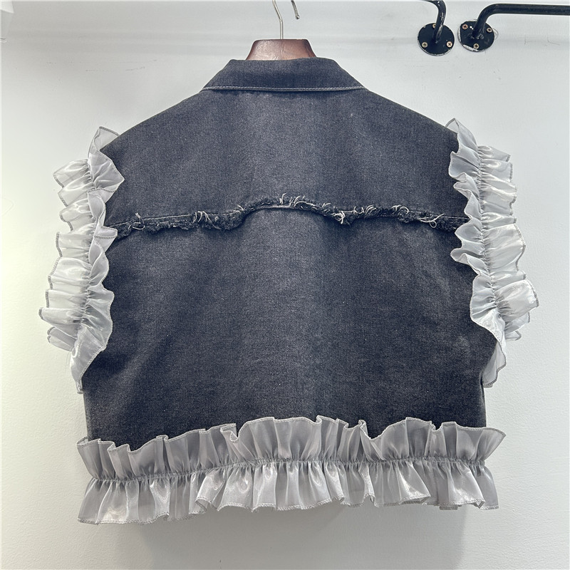 Pequeño borde de lótus costurado chaqueta de vaquín sin mangas de primavera 2025 cintura alta chaleco corto de chaleco de chaleco de chaleco image 2