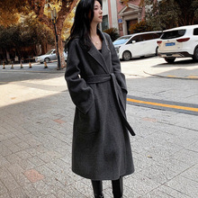 韩版冬款呢子大衣外套女加长款气质灰色慵懒过膝浴袍羊绒系带黑色