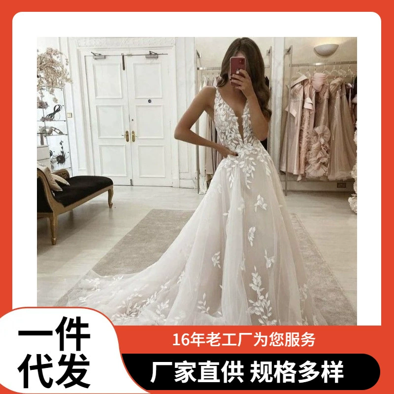 Женское свадебное платье без рукавов с кружевной аппликацией, V-образным вырезом и длинным шлейфом, оптовая торговля AliExpress