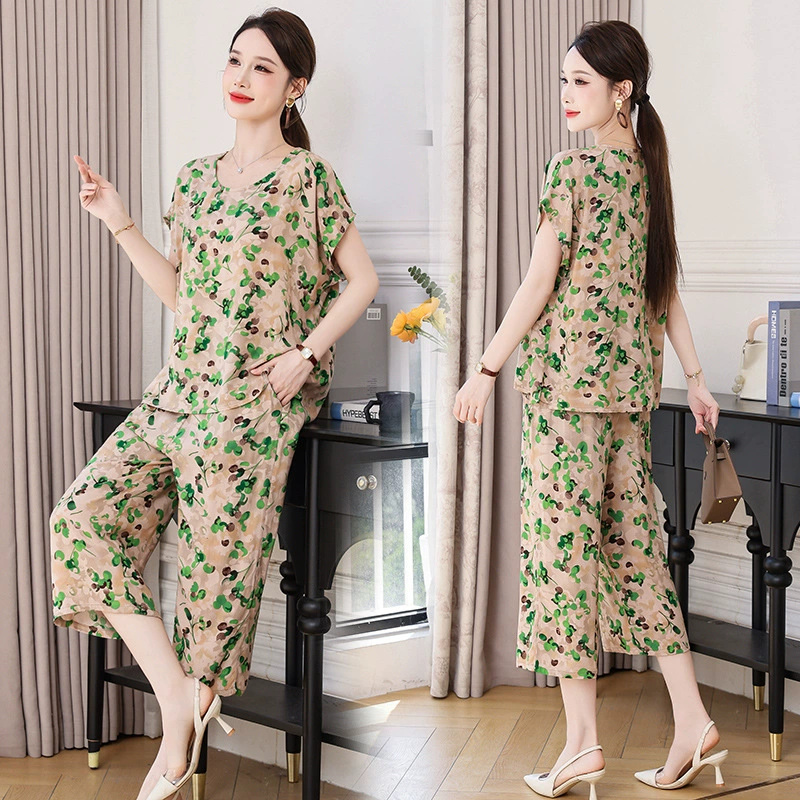 2025 новый летний стиль, модный утягивающий и уменьшающий возраст короткий рукав, двухсоставной хлопковый шелковый костюм для мам среднего и пожилого возраста, скрывающий фигуру