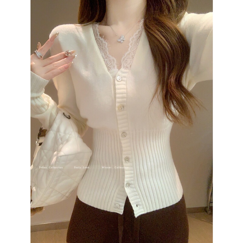 V-Neck Lace Patchwork Base Shirt for Women, Early Autumn Pure Desire Style, Waist-Cinching Knitted Cardigan Top, Foreign Trade Taiwan In-Stock V-Neck Lace Patchwork Base Shirt for Women, Early Autumn Pure Desire Style, Waist-Cinching Knitted Cardigan Top, Foreign Trade Taiwan In-Stock