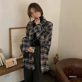 藏蓝格子衬衫女春秋新款大码胖妹妹宽松显瘦衬衣百搭长袖上衣外套
