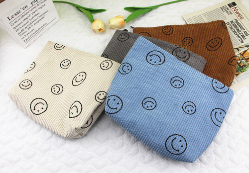Large smiley corduroy cosmetic bag retro polka dot storage toiletry clutch bag key mobile phone wallet pen bag