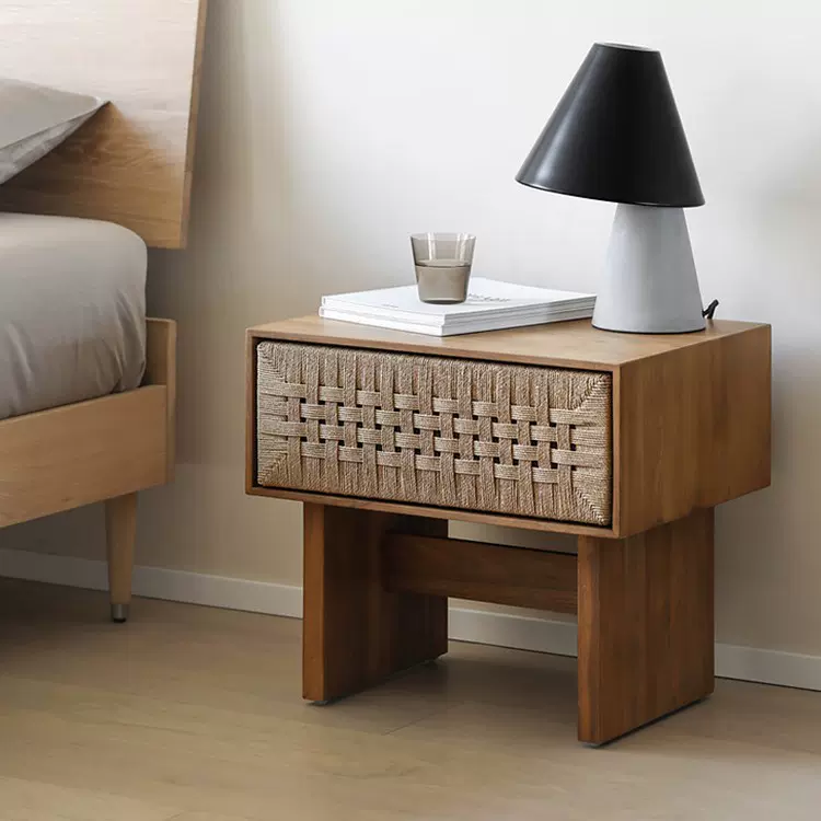 藤绳编原木床头柜北欧橡木黑胡桃木床边柜侘寂风纯实木复古风边几