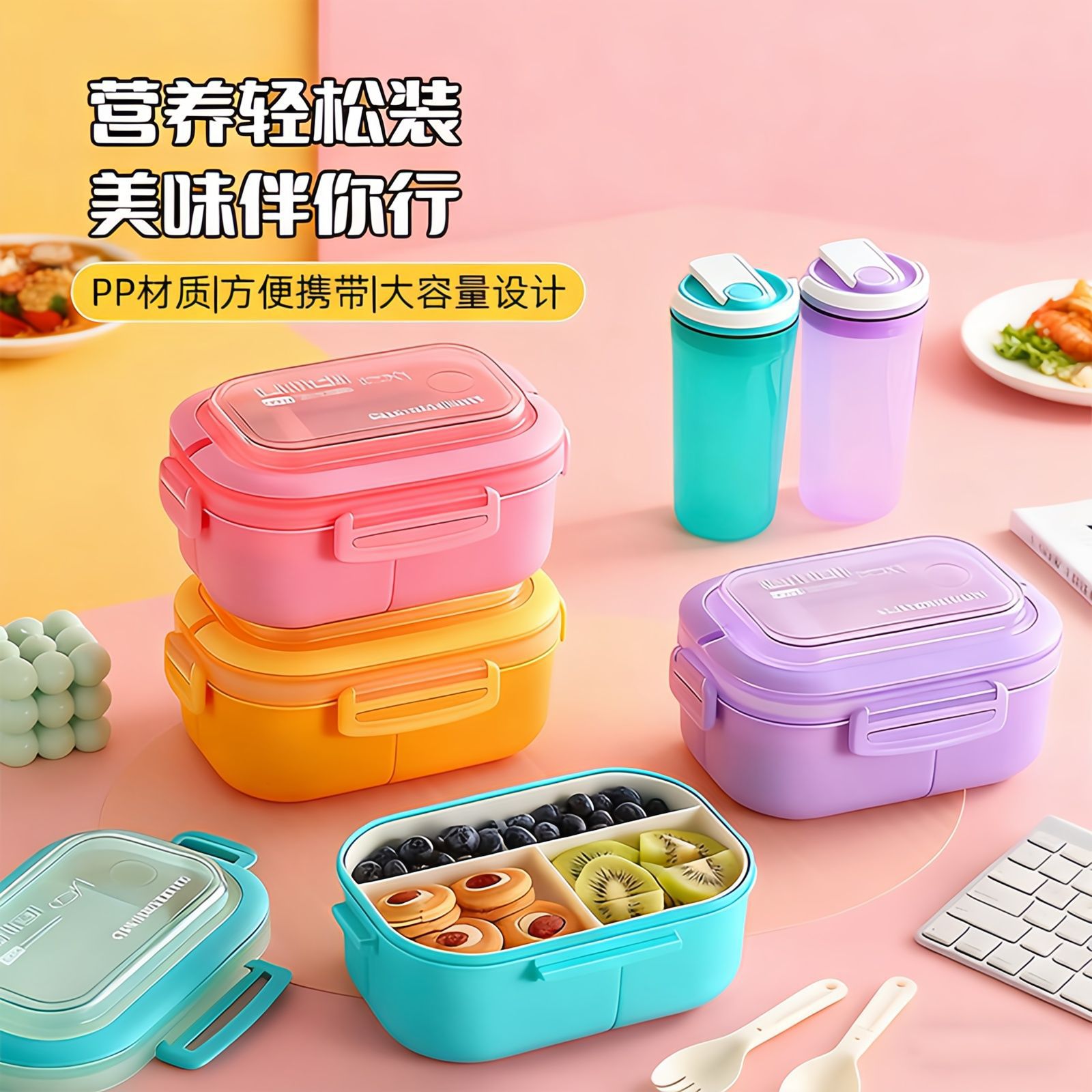 塑料饭盒水杯套装可微波炉加热饭盒学生上班族带饭便当盒保鲜餐盒