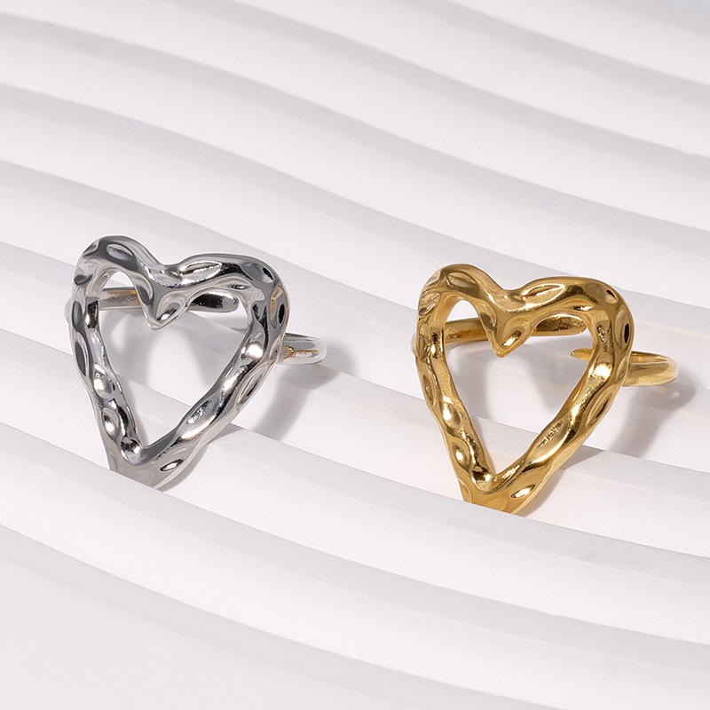 1 Piece Quantity Daily Occasion PVD Coated Real Gold Plated 18K Gold Heart Shape 304 Stainless Steel Sweet Waterproof Non Tarnish Open Rings